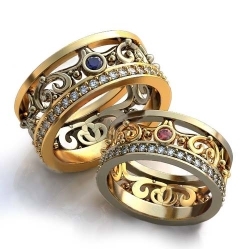 Обручальные кольца с бриллиантами и рубином