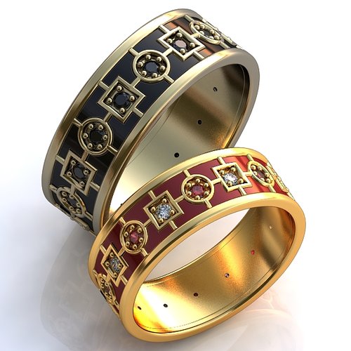 Широкие обручальные кольца с эмалью  - фото
