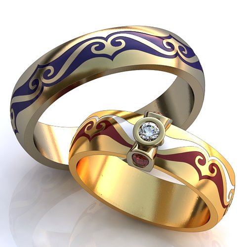 Обручальные кольца с бриллиантом и рубинами - фото