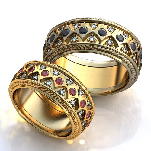 Обручальные кольца с бриллиантами и рубинами - фото