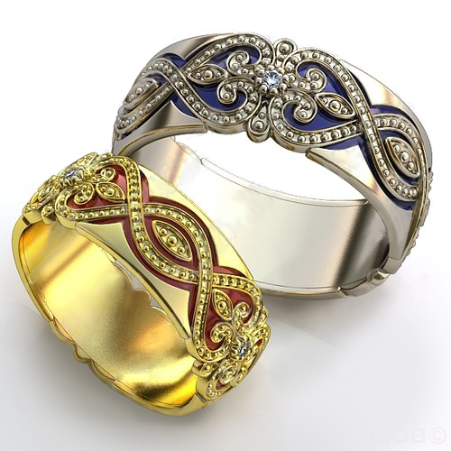Обручальные кольца с бриллиантами и эмалью - фото