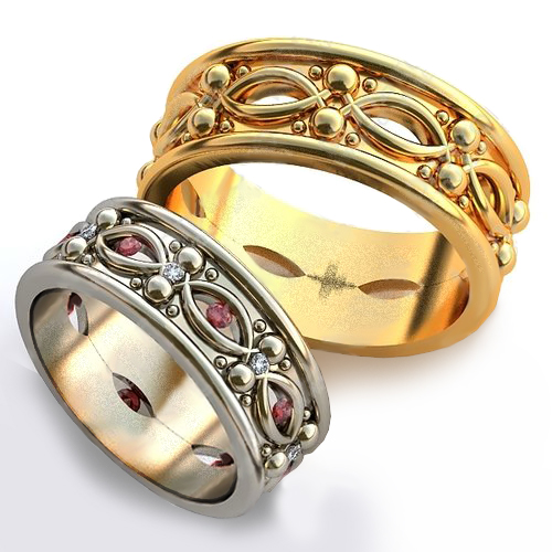 Обручальные кольца с бриллиантами и рубинами - фото