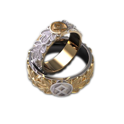 Славянские обручальные кольца с руной Одал в дубовых листьях - фото